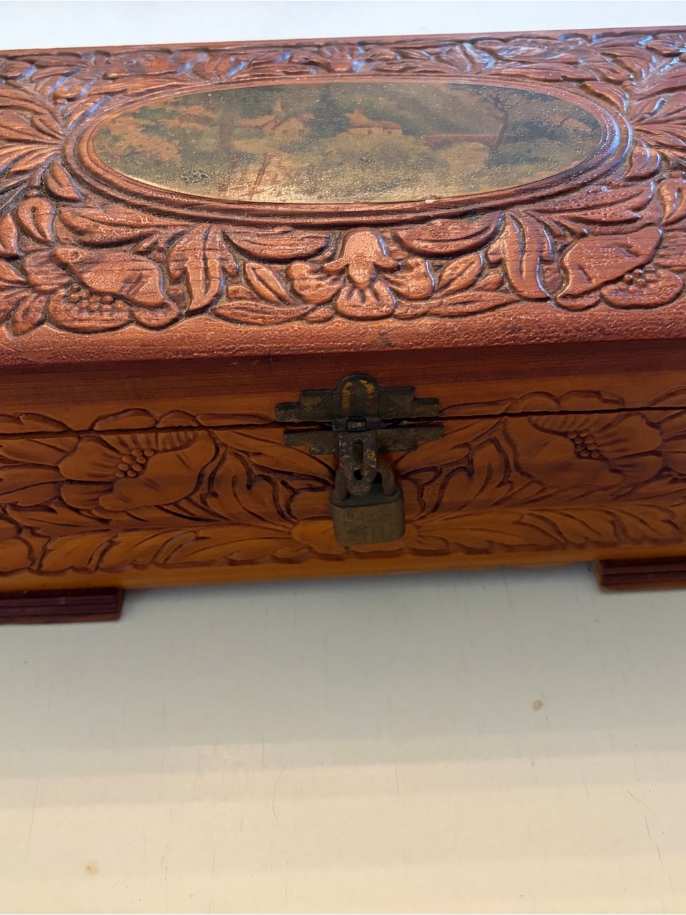 Hand-Carved Floral Wood Jewelry Box - Tan Brown